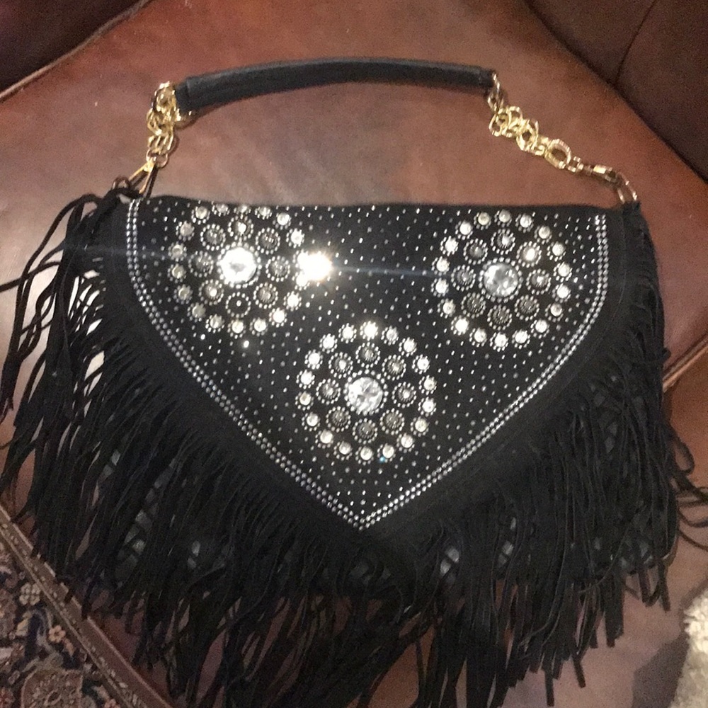 Black suede bag w/fringe &stones